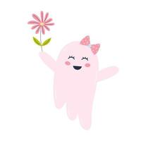 carino rosa fantasma con un' fiore. Halloween personaggio isolato su bianca sfondo. vettore