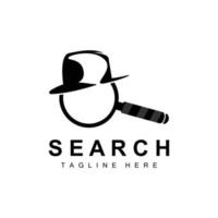 ricerca logo disegno, investigatore illustrazione, casa ricerca, bicchiere lente, azienda marca vettore