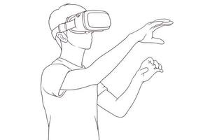 giovane uomo utilizzando virtuale la realtà cuffia mano disegnato stile vettore illustrazione