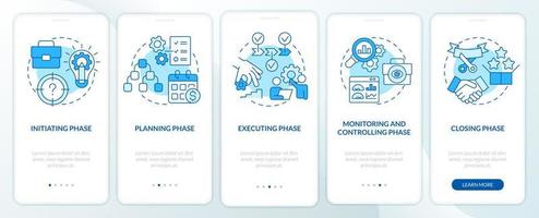 fasi di progetto gestione blu onboarding mobile App schermo. Procedura dettagliata 5 passaggi modificabile grafico Istruzioni con lineare concetti. ui, ux, gui modello. vettore