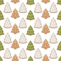 senza soluzione di continuità modello con Natale Pan di zenzero alberi. festivo sfondo nel piatto cartone animato stile per confezione, involucro carta, tessile, tessuto. vettore