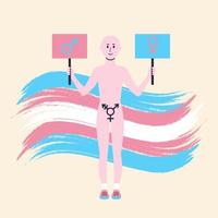 transgender persona Tenere manifesti con maschio e femmina simboli contro il fondale di agitando transgender bandiera. Genere identità, Genere scelta, Genere transizione, Genere autodeterminazione concetto. vettore