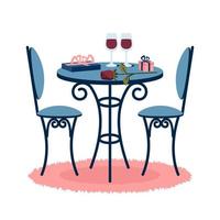 bellissimo romantico cena per Due isolato. romantico ambientazione e decorazione. San Valentino giorno. Vintage ▾ tavolo, sedie siamo in piedi su tappeto, bicchieri di vino, rosa, regalo scatole. vettore cartone animato illustrazione.