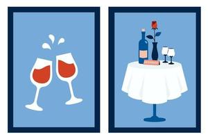 impostato di verticale minimalista manifesti con ristorante tavolo, vino, bicchiere, fiore. moderno San Valentino giorno carta. vettore di moda illustrazione per vacanze, romantico cena, festa, nozze, datazione, invito