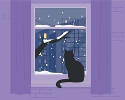 un' nero gatto è seduta di il finestra e guardare a il nevoso paesaggio fuori. piatto vettore illustrazione.