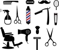 barbiere attrezzatura, Strumenti, cosmetici icone su bianca sfondo. barbiere negozio cartello. barbiere collezione simbolo. piatto stile.
