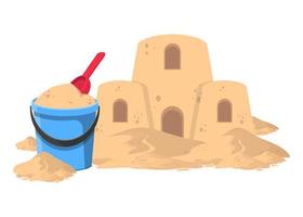 secchio con sabbia e castello di sabbia vettore
