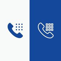 chiamata comporre Telefono chiavi linea e glifo solido icona blu bandiera linea e glifo solido icona blu bandiera vettore