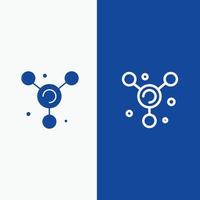 atomo molecola scienza linea e glifo solido icona blu bandiera linea e glifo solido icona blu bandiera vettore