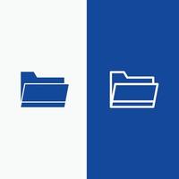 cartella Aperto dati Conservazione linea e glifo solido icona blu bandiera linea e glifo solido icona blu bandiera vettore