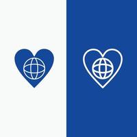 ecologia ambiente mondo cuore piace linea e glifo solido icona blu bandiera linea e glifo solido icona vettore
