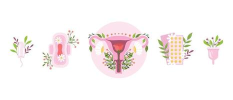 piatto illustrazione di utero e femminile igiene prodotti con fiori vettore