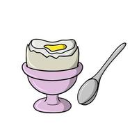 metà bollito pollo uovo su rosa ceramica In piedi, argento cucchiaio, in stile cartone animato vettore illustrazione su bianca sfondo
