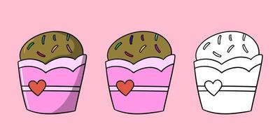 orizzontale impostato di immagini, delizioso Cupcake con zucchero briciole e un' cuore nel un' carta tazza, vettore illustrazione nel cartone animato stile su un' colorato sfondo