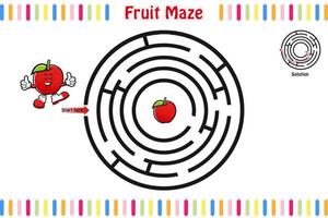 labirinto puzzle, educativo labirinto per bambini con frutta, labirinto per bambini, isolato vettore illustrazione, portafortuna cartone animato stile, frutta caratteri