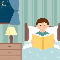 carino ragazzo seduta nel letto e lettura di andare a dormire storia. notte lettura. figli di libro illustrazione. vettore