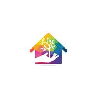 mano albero e Casa logo design. naturale casa cura logo. vettore