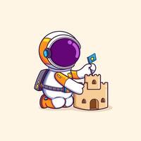 il carino astronauta è fabbricazione il castello sabbia con il bandiera su il superiore vettore