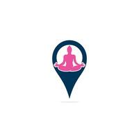 yoga o terme individuare logo design. umano posa e GPS icona design. vettore