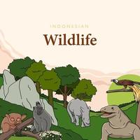 indonesiano animali e impianti mano disegnato vettore illustrazione. zoo sociale media inviare modello