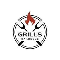 grigliato barbecue tipografia logo design con attraversato fuoco e spatola.logos per ristoranti, caffè e barre. vettore