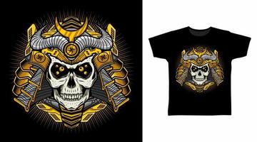 meccanico oro samurai cranio con guerra armatura illustrazione maglietta design concetto. vettore