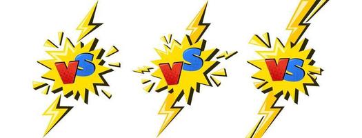supereroe contro cartello con fulmine. vs lettere nel giallo stella come simbolo di battaglia e confronto. comico vettore illustrazione