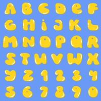 Groovy hippie paffuto lettere e numeri. giallo tuorlo forma font con figure, soleggiato lato su fritte uovo motivi alfabeto su blu sfondo. per carino divertente psichedelico testo carta. vettore illustrazione