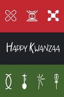 contento Kwanzaa saluto carta con africano kwanza bandiera - rosso, Nero, verde decorato con Sette i principi di Kwanzaa icone. carino verticale manifesto per africano americano eredità celebrazione vacanza vettore