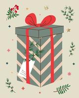 Natale regalo nel kraft carta con etichetta e rami. presente scatola nel mestiere involucro carta con arco e rami. colorato piatto vettore illustrazione isolato su sfondo.