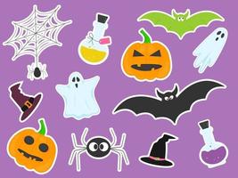 impostato di piatto adesivi Halloween su sfondo, zucca, fantasma, ragno, strega cappello, pipistrello, Magia pozione vettore