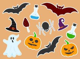 Halloween a tema etichetta collezione - zucche, fantasma, ragno, strega cappello, pipistrello, Magia pozione fungo vettore