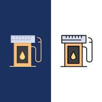 benzina industria olio far cadere icone piatto e linea pieno icona impostato vettore blu sfondo