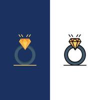 squillare diamante proposta matrimonio amore icone piatto e linea pieno icona impostato vettore blu sfondo
