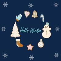 Ciao inverno. festivo bandiera di Pan di zenzero e bianca fiocchi di neve. vettore illustrazione su un' blu sfondo