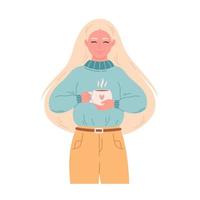 donna nel maglione con tazza di caldo bere. donna con caffè. inverno volta, contento vacanze, hygge vettore