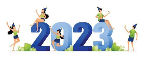 illustrazione di persone avendo un' spiaggia festa in giro il 2023 scrittura per celebrare il 2023 nuovo anno. progettato per sito web, atterraggio pagina, volantino, striscione, app, opuscolo, avviare media azienda vettore