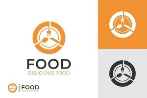 ristorante delizioso cibo logo emblema stile vettore simbolo design con piatto, forchetta e cucchiaio, coltello icona e etichetta per design menù ristorante o bar, ristorazione, cena logo