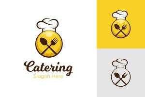 ristorante delizioso cibo logo emblema stile vettore simbolo elementi design con berretto chef, forchetta e cucchiaio icona concetto per ristorazione, cibo culinario logo design