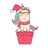 carino Natale kawaii personaggio unicorno nel Santa Claus cappello con regalo isolato su bianca sfondo. vacanza design elemento per saluto carta e Stampa per maglietta. vettore illustrazione.