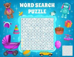 cartone animato ragazzo giocattoli parola ricerca puzzle foglio di lavoro gioco vettore