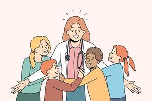 contento poco bambini abbracciare sorridente femmina medico nel clinica. eccitato piccolo bambini abbraccio pediatra mostrare amore e cura. bene medico servizio nel Ospedale. vettore illustrazione.
