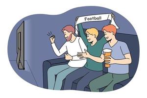 felicissimo ragazzi sedersi su allenatore potabile birra Guardando calcio su tv. contento uomini godere sport gioco su televisione. fan o sostenitori applauso preferito squadra. vettore illustrazione