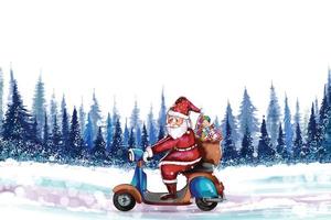 bellissimo Natale paesaggio nel inverno con Santa Claus su equitazione un' scooter sfondo vettore