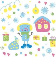 Natale impostato di carino pupazzo di neve, i regali, fiocchi di neve, coriandoli, ghirlanda, palline, decorazioni, luci, stelle vettore