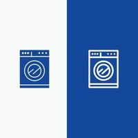 cucina macchina lavaggio linea e glifo solido icona blu bandiera vettore