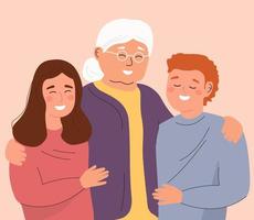 nonna e sua nipoti siamo contento. il vecchio signora abbracci il bambini. il concetto di famiglia, generazioni, comunicazione. vettore grafica.