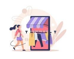 consumatore Visualizza, scegliere e acquistare moda elementi su e-commerce mercato su computer schermo, piatto design icona vettore illustrazione