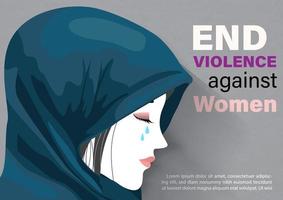 donne indossare hijab musulmano Abiti pianto con formulazione di internazionale giorno per il eliminazione di violenza contro Da donna campagna e esempio testi su grigio sfondo. vettore