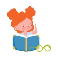 poco alunno ragazza lettura libro cartone animato personaggio isolato icona vettore